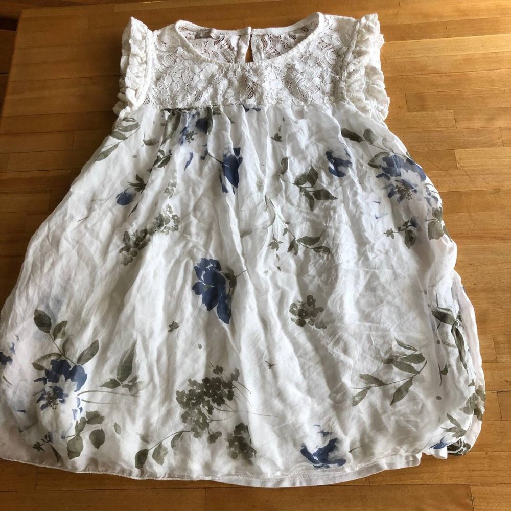 Bellambra Women's Silk and Lace White Blue floral Top Size M